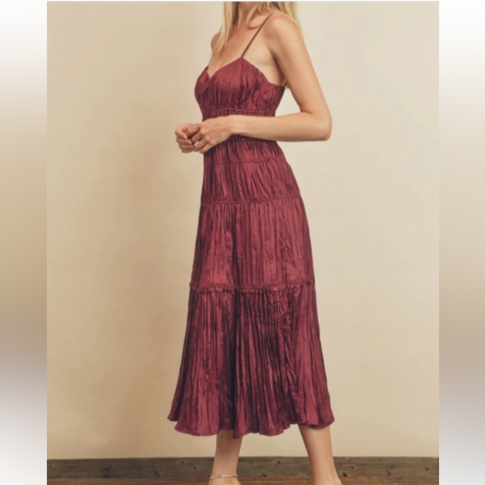 Dress Forum Burgundy Satin Maxi Dress with Adjustable Spaghetti Straps